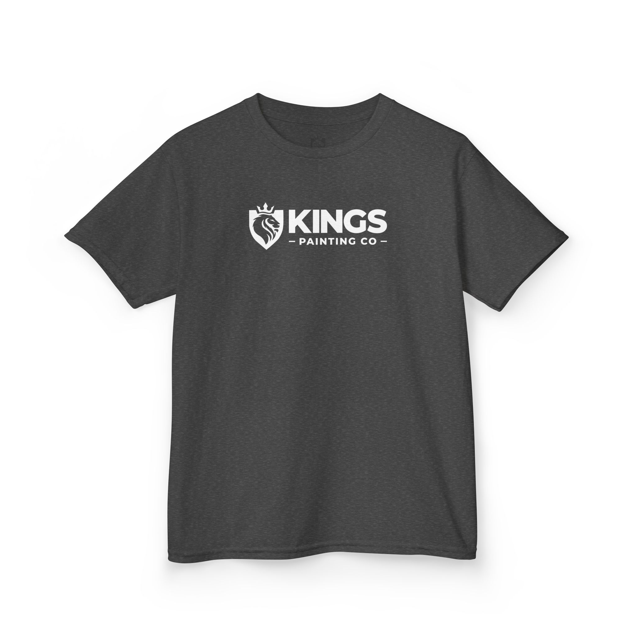 The Kings Painting Co. Kids T-Shirt (White Graphics) by Gildan® is shown on a plain white background, featuring a dark gray color with a bold white "KINGS PAINTING CO" logo and a shield design displaying a crowned lion's head.