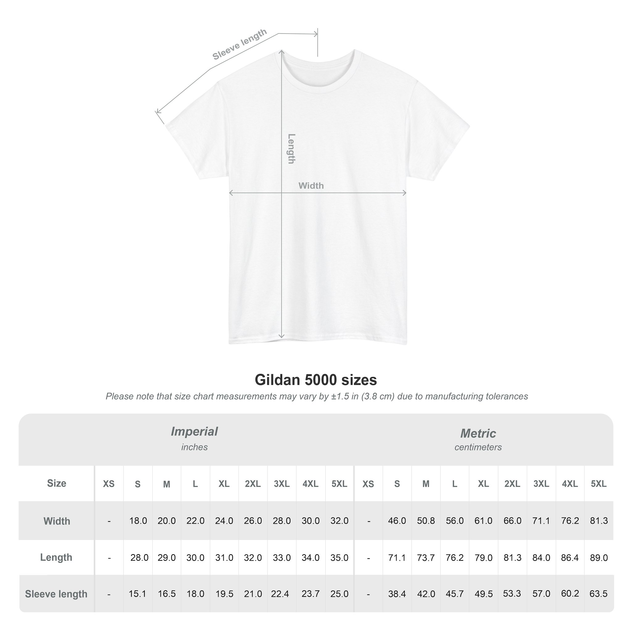 Kings Painting Co. Logo T‑Shirt (Pocket Logo & Back Graphic) | Gildan Ultra Cotton (G5000) in white, featuring labeled dimensions for length, width, and sleeve length above a size chart displaying measurements for sizes XS to 5XL in both inches and centimeters.